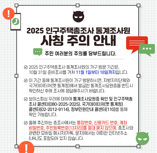 2025 인구주택총조사 통계조사원 사칭 주의 안내
주민 여러분의 주의를 당부드립니다. 
▮ 2025 인구주택총조사 통계조사원의 가구 방문 기간은  10월 31일 준비조사를 거쳐 11월 1일부터 18일까지입니다.
▮ 이 기간 중에 통계조사원이 가구 방문하시면  지방자치단체와 국가데이터처(옛 통계청)에서 발급한 통계조사요원증을 반드시 확인하신 후에 조사에 응답해주시기 바랍니다. 
▮ 보이스피싱 우려에 대하여통계조사요원증 확인 및 인구주택총조사 콜센터(080-2025-2025)  국가데이터처(옛 통계청) 콜센터(02-2012-9114)  정부민원안내 콜센터(110)를 통해 확인 가능합니다. 
▮ 올해 추진하는 총조사에서는통장번호  신용카드 번호  계좌 비밀번호  주민등록번호(13자리)를 절대 묻지 않으며  총조사와 관련한 모바일 메시지(카톡  문자)에서는 어떠한 인터넷주소(URL)도 포함되어 있지 않습니다.