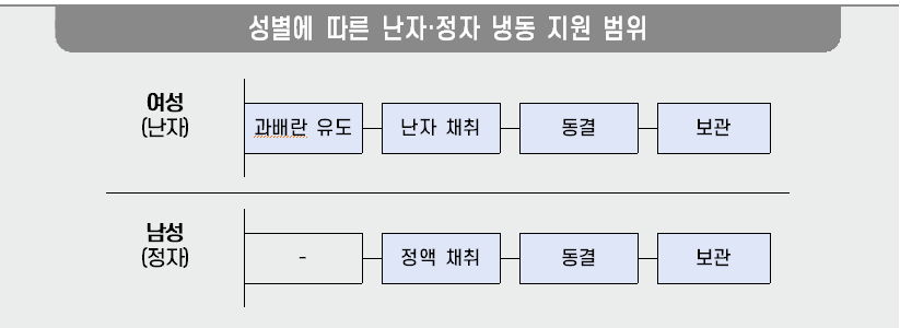 성별에 따른 난자·정자 냉동 지원 범위
            여성(난자): 과배란 유도-난자 채취-동결-보관, 남성(정자): &nbsp;-난자 채취-동결-보관 