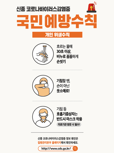 신종 코로나바이러스감염증 국민예방수칙

개인위생수칙
흐르는 물에 30초 이상, 비누로 꼼꼼하게 손씻기
기침할 땐, 손이 아닌 옷소매로!
기침 등 호흡기증상자는 반드시 마스크 착용(의료기관 방문 시 필수!)

신종 코로나바이러스감염증 정보 확인은 질병관리본부 홈페이지에서
확인하세요.
http://www.cdc.go.kr/