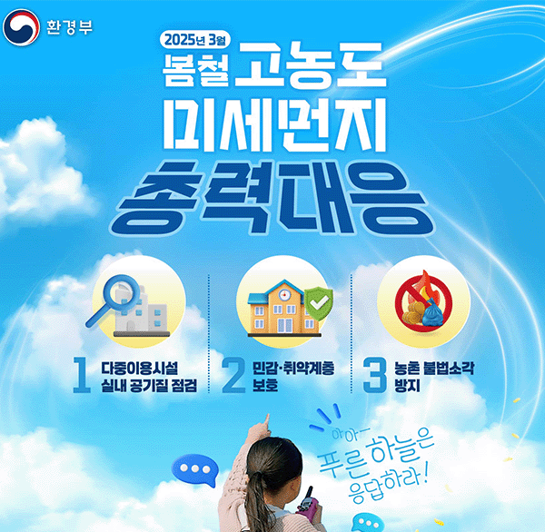 2025년 3월 봄철 고농도 미세먼지 총력대응
1 다중이용시설 실내 공기질 점검
2 민감 취약계층 보호
3 농촌 불법소각 방지
푸른하늘은 응답하라!