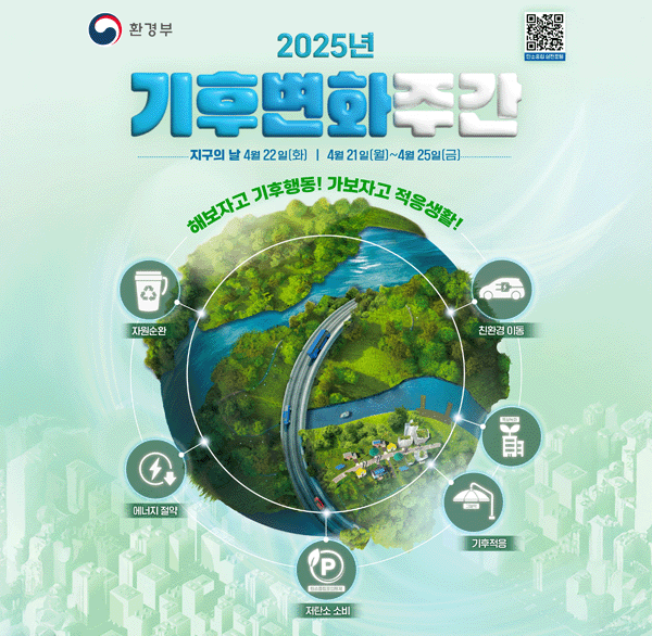 2025년 기후변화주간
지구의 날 4월22일(화) 4월 21일 (월)~4월25일(금)
해보자고 기후행동! 가보자고 적응생활!
자원순환  에너지절약  저탄소소비  기후적응  친환경이동