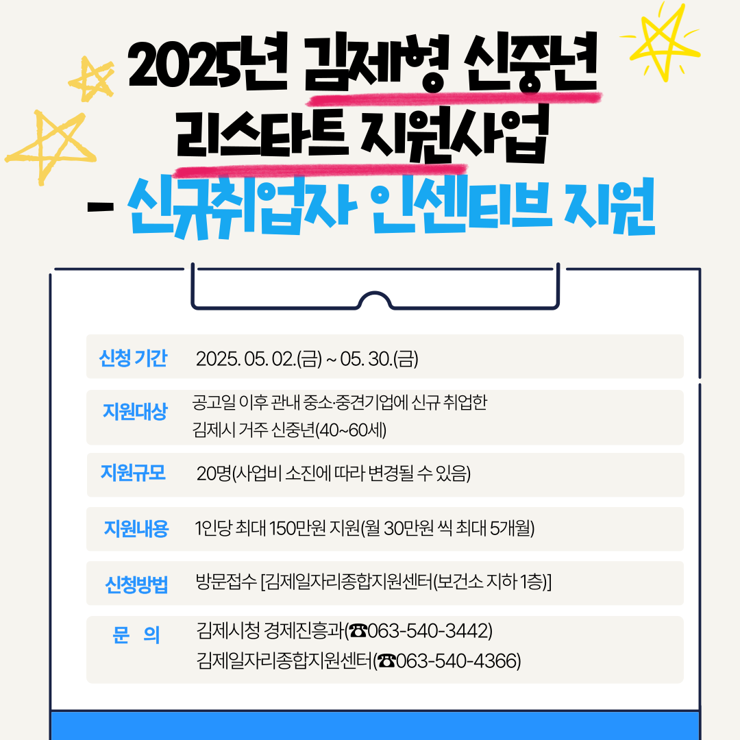 2025년 김제형 신중년 리스타트 지원사업 
신규취업자 인센티브 지원 
신청 기간 2025.05.02.(금) ~ 05.30.(금) 
지원대상 공고일 이후 관내 중소·중견기업에 신규 취업한 김제시 거주 신중년(40~60세) 
지원규모 20명(사업비 소진에 따라 변경될 수 있음) 
지원내용 1인당 최대 150만원 지원(월 30만원 씩 최대 5개월) 
신청방법 방문접수 [김제일자리종합지원센터(보건소 지하 1층)] 
문의 김제시청 경제진흥과(☎063-540-3442) 김제일자리종합지원센터(☎063-540-4366)
