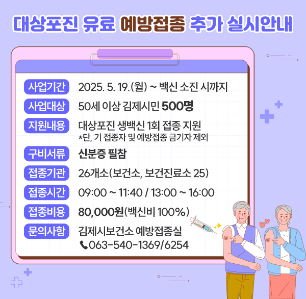 대상포진 유료 예방접종 추가 실시 안내
사업기간 2025. 5. 19.(월) ~ 백신 소진 시까지
사업대상 김제시에 주소를 둔 50세 이상 시민 500명
지원내용 대상포진 생백신 1회 접종 지원 *단  기 접종자 및 예방접종 금기자 제외
구비서류 신분증 필참
접종기관 26개소(보건소  보건진료소 25)
접종시간 09:00 ~ 11:40 / 13:00 ~ 16:00
접종비용 80 000원(백신비 100%)
문의사항 김제시보건소 예방접종실(☎063)540-1369/6254)