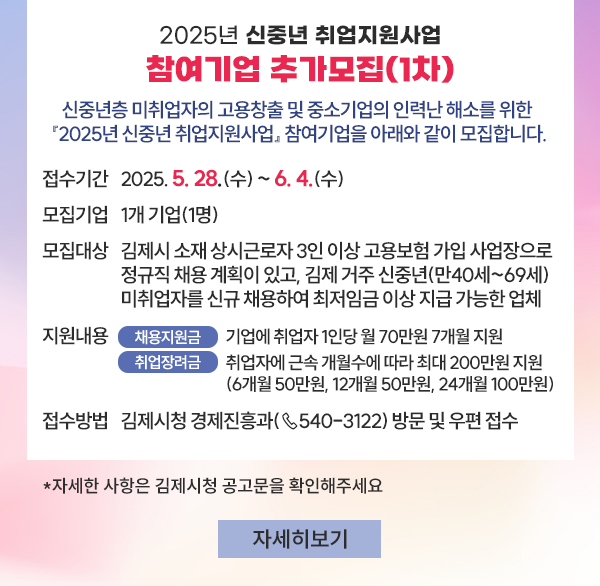 2025년 신중년 취업지원사업 참여기업 추가모집(1차)
신중년층 미취업자의 고용창출 및 중소기업의 인력난 해소를 위한 『2025년 신중년 취업지원사업』 참여기업을 아래와 같이 모집합니다.
접수기간 : ’25. 5. 28.(수) ~ 6. 4.(수) 
모집기업 : 1개 기업(1명)
참여대상 : 김제시 소재 상시근로자 3인 이상 고용보험 가입 사업장으로 정규직 채용 계획이 있고  김제 거주 신중년(만40세~69세) 미취업자를 신규 채용하여 최저임금 이상 지급 가능한 업체
지원내용 
- 채용지원금 : 기업에 취업자 1인당 월 70만원 7개월 지원
- 취업장려금 : 취업자에 근속 개월수에 따라 최대 200만원 지원(6개월 50만원  12개월 50만원  24개월 100만원)
접수방법 : 김제시청 경제진흥과(☏540-3122) 방문 및 우편 접수
※ 자세한 사항은 김제시 홈페이지 공고문 참고
자세히보기