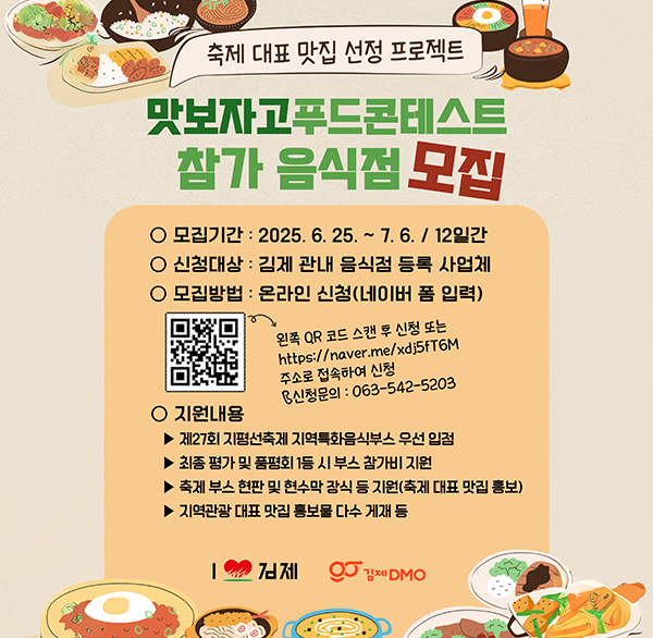 축제 대표 맛집 선정 프로젝트
맛보자고푸드콘테스트 참가 음식점 모집
모집기간: 2025.6.25.~7.6. / 12일간
신청대상 : 김제 관내 음식점 등록 사업체
모집방법 : 온라인 신청(네이버 폼 입력)
왼쪽 QR 코드 스캔 후 신청 또는 https://naver.me/xdj5fT6M 주소로 접속하여 신청
신청문의 : 063-542-5203
지원내용
제27회 지평선축제 지역특화음식부스 우선 입점
최종 평가 및 품평회 1등 시 부스 참가비 지원
축제 부스 현판 및 현수막 장식 등 지원(축제 대표 맛집 홍보)
지역관광 대표 맛집 홍보물 다수 게재 등