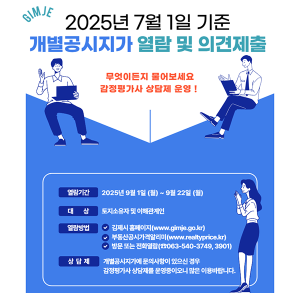 2025년 7월 1일 기준
개별공시지가 열람 및 의견제출
무엇이든지 물어보세요 감정평가사 상담제 운영!
열람기간
2025년 9월 1일 (월) ~ 9월 22일 (월)
대상
토지소유자 및 이해관계인
열람방법
김제시 홈페이지(www.gimje.go.kr)
부동산공시가격알리미(www.realtyprice.kr)
방문 또는 전화열람(☎063-540-3749  3901)
상담제
개별공시지가에 문의사항이 있으신 경우 감정평가사 상담제를 운영중이오니 많은 이용바랍니다.
