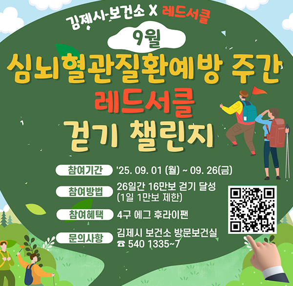 김제시 보건소 X 레드서클
9월 심뇌혈관질환예방 주간
레드서클 1 걷기 챌린지
참여기간 25.09.01(월)~09.26(금)
참여방법 26일간 16만보 걷기 달성 (1일 1만보 제한)
참여혜택 4구 에그 후라이팬
문의사항 김제시 보건소 방문보건실 ☎540 1335~7
