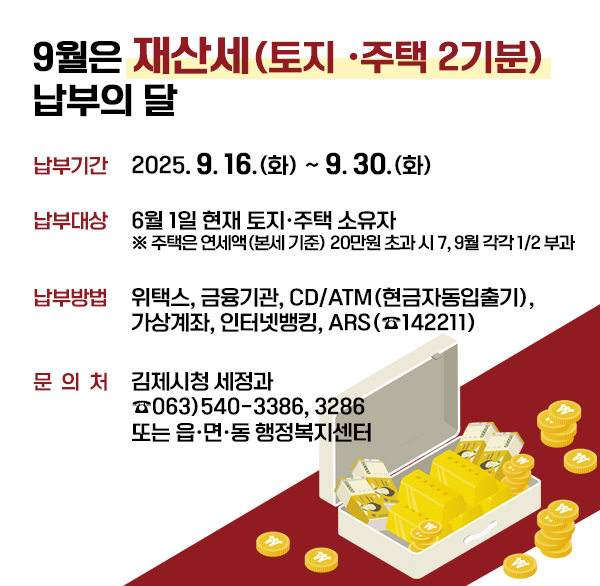 9월은 재산세(토지·주택 2기분) 납부의 달
 납부기간 : 2025. 9. 16.(화) ~ 9. 30.(화)
 납부대상 : 6월 1일 현재 토지·주택 소유자
 ※ 주택은 연세액(본세 기준) 20만원 초과 시 7  9월 각각 1/2 부과
 납부방법 : 위택스  금융기관  CD/ATM(현금자동입출기) 
              가상계좌  인터넷뱅킹  ARS(☎142211)
 문의처 : 김제시청 세정과 ☎063)540-3386  3286
             또는 읍·면·동 행정복지센터
