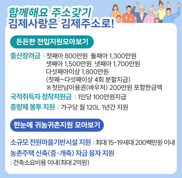 김제사랑은 김제주소로!

든든한 전입지원 모아보기
출산장려금 : 첫째아 800만원  둘째아 1 300만원  셋째아 1 500만원
              넷째아 1 700만원  다섯째아 이상 1 800만원
              (첫째~다섯째 이상 4회 분할 지급)
              ※ 첫만남 이용권(바우처) 200만원 포함한 금액
국적취득자 정착지원금 : 1인당 100만원 지급
종량제 봉투 지원 : 가구당 월 120ℓ 1년간 지원

한눈에 귀농귀촌지원 모아보기
소규모 전원마을 기반시설 지원 : 최대 15-19세대 200백만원 이내
농촌주택 신축(증·개축) 자금 융자 지원 : 건축소요비용 이내(최대 2억원)