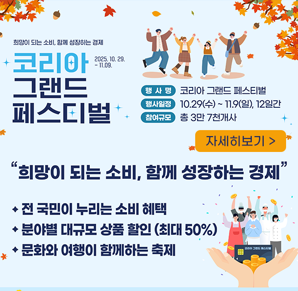 희망이 되는 소비  함께 성장하는 경제
+코리아
2025. 10. 29.
- 11.09.
그랜드 페스티벌
행사명
코리아 그랜드 페스티벌
행사일정
10.29(수) ~ 11.9(일)  12일간
참여규모
총 3만 7천개사
자세히보기 >
“희망이 되는 소비  함께 성장하는 경제"
전 국민이 누리는 소비 혜택
분야별 대규모 상품 할인 (최대 50%)
문화와 여행이 함께하는 축제