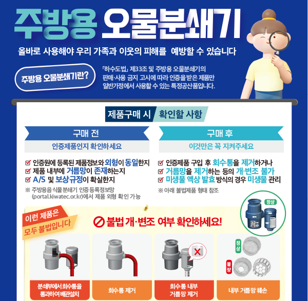 주방용 오물분쇄기
올바로 사용해야 우리 가족과 이웃의 피해를 예방할 수 있습니다
주방용 오물분쇄기란?
「하수도법」 제33조 및 주방용 오물분쇄기의 판매·사용 금지 고시에 따라 인증을 받은 제품만 일반가정에서 사용할 수 있는 특정공산품입니다.
제품구매 시
확인할 사항
구매 전
인증제품인지 확인하세요
구매 후
이것만은 꼭 지켜주세요
인증원에 등록된 제품정보와 외형이 동일한지
제품 내부에 거름망이 존재하는지
A/S 및 보상규정이 확실한지
주방용음식물분쇄기 인증 등록정보망 (portal.kiwatec.or.kr)에서 제품 외형 확인 가능
인증제품 구입 후 회수통을 제거하거나
거름망을 제거하는 등의 개·변조 불가
미생물 액상 발효 방식의 경우 미생물 관리
※ 아래 불법제품 형태 참조
정상
X
이런 제품은
모두 불법입니다
불법개·변조 여부 확인하세요!
정상
분쇄부에서 회수통을 통과하여 배관설치
희수통 제거
회수통 내부 거름망 제거
내부 거를망훼손