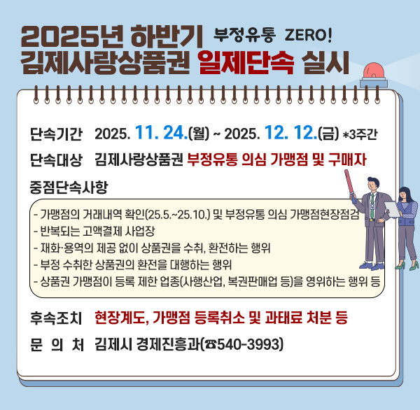 - 부정유통  ZERO! -
2025년 하반기 김제사랑상품권 일제단속 실시
❍ 단속기간 : 2025. 11. 24.(월) ~ 2025. 12. 12.(금) *3주간 
❍ 단속대상 : 김제사랑상품권 부정유통 의심 가맹점 및 구매자
❍ 중점단속사항
 - 가맹점의 거래내역 확인(25.5.~25.10.) 및 부정유통 의심 가맹점 현장점검
 - 반복되는 고액결제 사업장   
 - 재화·용역의 제공 없이 상품권을 수취  환전하는 행위
 - 부정 수취한 상품권의 환전을 대행하는 행위
 - 상품권 가맹점이 등록 제한 업종(사행산업  복권판매업 등)을
   영위하는 행위 등
❍ 후속조치 : 현장계도  가맹점 등록취소 및 과태료 처분 등
❍ 문 의 처 : 김제시 경제진흥과(☎540-3993)