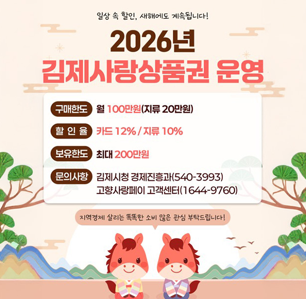 일상 속 할인  새해에도 계속됩니다!
2026년 김제사랑상품권 운영
구매한도 월 100만원(지류 20만원)
할인율 카드 12%/지류 10%
보유한도 최대 200만원
문의사항 김제시청 경제진흥과(540-3993) 고향사랑페이 고객센터(1644-9760)
지역경제 살리는 똑똑한 소비 많은 관심 부탁드립니다!
