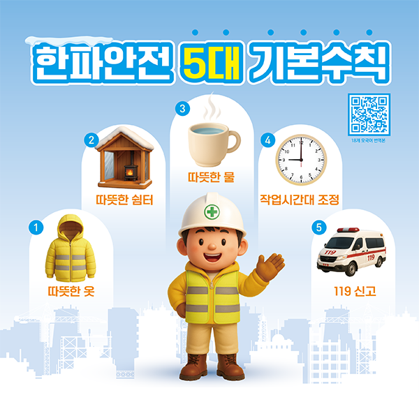 한파안전 5대 기본수칙
 ① 따뜻한 옷
 ② 따뜻한 쉼터
 ③ 따뜻한 물
 ④ 작업시간대 조정
 ⑤ 119신고