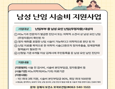 남성 난임 시술비 지원사업
사업대상 난임부부 중 남성 요인 난임(무정자증) 대상자
① 비뇨기과 전문의가 발급한 진단서 또는 의학적 소견서 상 남성 요인 난임 (무정자증)이 확인된 자
② 정자 채취를 포함한 난임 시술이 가능하다고 의학적으로 판단된 자
③ 난임 치료를 목적으로 한 의학적 시술(고환조직 정자추출술  정계정맥류 절제술)이 필요한 자
④ 신청일 기준 6개월 이상 김제시에 주민등록을 둔 남성 요인 남인 진단자
지원내용
(지원범위) 시술 전 검사비  시술비 본인부담금  정자동결비 등
(시술기관) 비뇨의학과(비뇨기과) 의료기관
(지원내용)
- 1인 최대 3회 지원  시술비 본인부담금 90%  회당 최대 100만원
*병실료  환자특식  보호자 식대  난임 검사비  난임 진단서 발급 비용 등 시술과 직접 관련이 없는 진료비 제외
문의: 김제시 보건소 모자보건팀(☎063-540-1322)