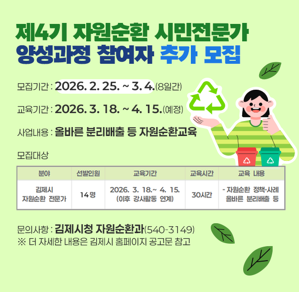 제4기 자원순환 시민전문가 양성과정 참여자 추가모집
     모집기간 : 2026. 2. 25. ~ 3. 4.(8일간)
    교육기간 : 2026. 3. 18. ~ 4. 15.(예정)
    사업내용 : 올바른 분리배출 등 자원순환교육
    모집대상
   
분야
선발인원
교육기간
교육시간
교육 내용
김제시
자원순환 전문가
14명
2026. 3. 18.~ 4. 15.
(이후 강사활동 연계)
30시간
- 자원순환 정책·사례
- 올바른 분리배출 등

     문의사항 : 김제시청 자원순환과(540-3149)
    ※ 더 자세한 내용은 김제시 홈페이지 공고문 참고
