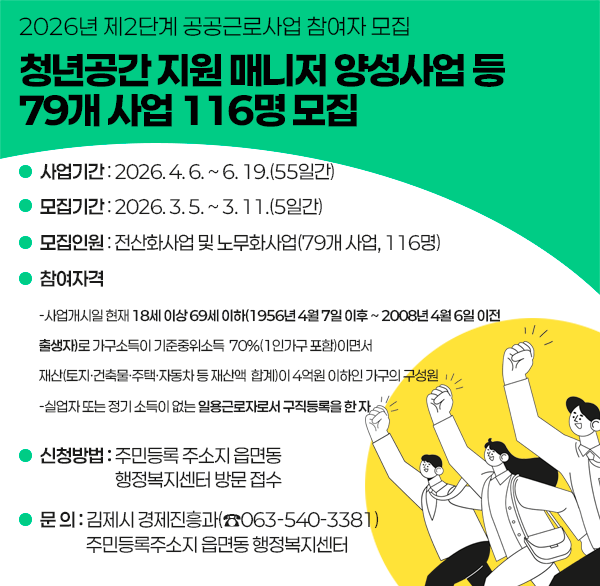 2026년 제2단계 공공근로사업 참여자 모집
-청년공간 지원 매니저 양성사업 등 79개 사업 116명 모집 -

 ○ 사업기간 : 2026. 4. 6. ~ 6. 19.(55일간)
 ○ 모집기간 : 2026. 3. 5. ~ 3. 11.(5일간)
 ○ 모집인원 : 전산화사업 및 노무화사업(79개 사업  116명)
 ○ 참여자격
   - 사업개시일 현재 18세 이상 69세 이하(1956년 4월 7일 이후 ~ 2008년 4월 6일 이전 출생자)로 가구소득이 기준중위소득   70%(1인가구 포함)이면서 재산(토지건축물주택자동차 등 재산액  합계)이 4억원 이하인 가구의 구성원
   - 실업자 또는 정기 소득이 없는 일용근로자로서 구직등록을 한 자
 ○ 신청방법 : 주민등록 주소지 읍면동 행정복지센터 방문 접수
 ○ 문    의 : 김제시 경제진흥과(☎063-540-3381)
               주민등록주소지 읍면동 행정복지센터