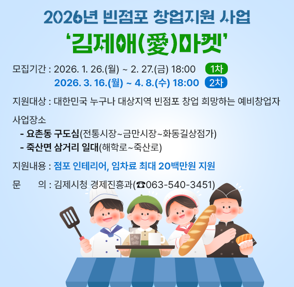 2026년 빈점포 창업지원 사업 김제애(愛)마켓
모집기간 : 2026. 1. 26.(월) ~ 2. 27.(금) 18:00 (1차)
2026. 3. 16.(월) ~ 4. 8.(수) 18:00 (2차)
지원대상 : 대한민국 누구나 대상지역 빈점포 창업 희망하는 예비창업자
사업장소
- 요촌동 구도심(전통시장~금만시장~화동길상점가)
- 죽산면 삼거리 일대(해학로~죽산로)
지원내용 : 점포 인테리어  임차료 최대 20백만원 지원
문 의 : 김제시청 경제진흥과(☎063-540-3451)