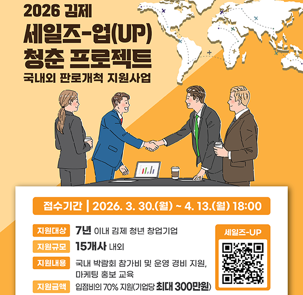 2026 김제 세일즈-업(UP) 청춘 프로젝트
국내외 판로개척 지원사업
접수기간 2026.3.30.(월) ~ 4. 13.(월) 18:00
지원대상 7년 이내 김제 청년 창업기업
지원규모 15개사 내외
지원내용 국내 박람회 참가비 및 운영 경비 지원  마케팅 홍보 교육
지원금액 입점비의 70% 지원(기업당 최대 300만원)