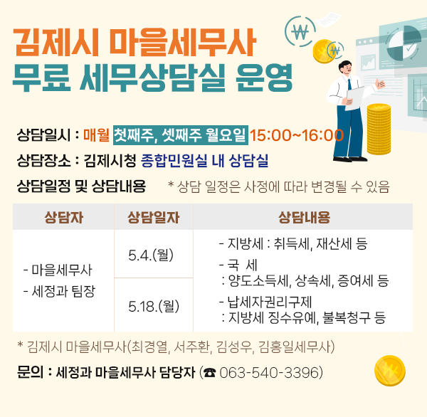 김제시 마을세무사 무료 세무상담실 운영 
 상담일시 : 매월 첫째주  셋째주 월요일 15:00~16:00
 상담장소 : 김제시청 종합민원실 내 상담실
 상담일정 및 상담내용  * 상담 일정은 사정에 따라 변경될 수 있음
상담자
- 마을세무사
- 세정과 팀장
상담일자 5.4.(월) / 5.18.(월)
상담내용
- 지방세 : 취득세  재산세 등
- 국  세
 : 양도소득세  상속세  증여세 등
- 납세자권리구제
 : 지방세 징수유예  불복청구 등
   * 김제시 마을세무사(최경열  서주환  김성우  김홍일세무사)
 문    의 : 세정과 마을세무사 담당자 (☎ 063-540-3396)