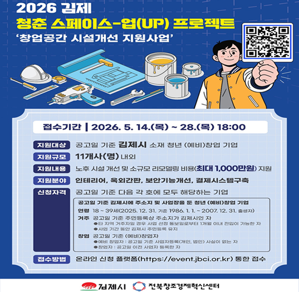 2026 김제 청춘 스페이스-업(UP) 프로젝트
'창업공간 시설개선 지원사업'
2026 김제 청춘 스페이스-업(UP) 프로젝트 QR코드
접수기간 | 2026.5.14.(목) ~ 28.(목) 18:00
지원대상 공고일 기준 김제시 소재 청년 (예비)창업 기업
지원규모 11개사(명) 내외
지원내용 노후 시설 개선 및 소규모 리모델링 비용(최대 1 000만원) 지원
지원분야 인테리어  옥외간판  보안기능개선  결제시스템구축
신청자격
공고일 기준 다음 각 호에 모두 해당하는 기업
공고일 기준 김제시에 주소지 및 사업장을 둔 청년 (예비)창업 기업
연령 18~39세(2025. 12. 31. 기준 1986.1.1.~2007. 12. 31. 출생자)
거주 공고일 기준 주민등록상 주소지가 김제시인 자
타 지역 거주자일 경우 사업 선정 통보일로부터 1개월 이내 전입이 가능한 자 사업 기간 동안 김제시 주민등록 유지
창업 공고일 기준 (예비)창업자
예비 창업자 : 공고일 기준 사업자등록(개인  법인) 사실이 없는 자
창업자 : 공고일 이전 사업자 등록한 자
접수방법
온라인 신청 플랫폼(https://event.jbci.or.kr) 통한 접수
김제시 전북창조경제혁신센터