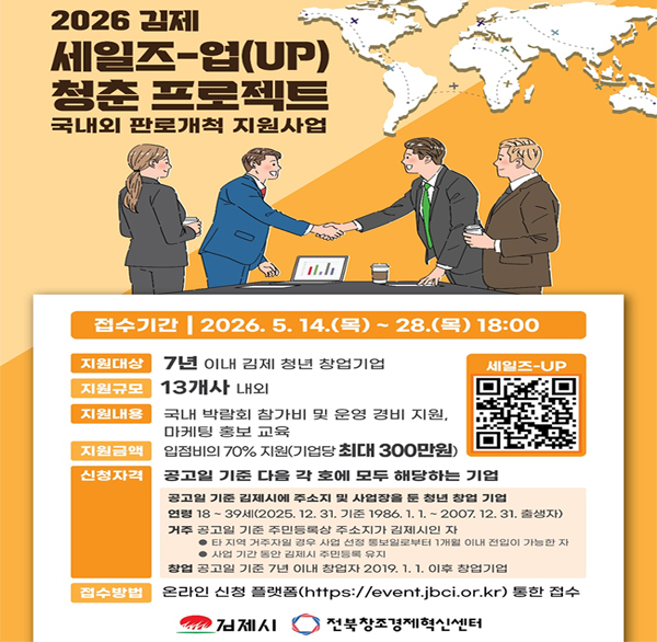 2026 김제 세일즈-업(UP) 청춘 프로젝트
국내외 판로개척 지원사업
접수기간 |2026.5.14.(목) ~ 28.(목) 18:00
지원대상 7년 이내 김제 청년 창업기업
지원규모 13개사 내외
지원내용 국내 박람회 참가비 및 운영 경비 지원  마케팅 홍보 교육
지원금액 입점비의 70% 지원(기업당 최대 300만원)
신청자격
공고일 기준 다음 각 호에 모두 해당하는 기업
공고일 기준 김제시에 주소지 및 사업장을 둔 청년 창업 기업
연령 18~39세(2025. 12. 31. 기준 1986.1.1.-2007. 12. 31. 출생자)
거주 공고일 기준 주민등록상 주소지가 김제시인 자
타 지역 거주자일 경우 사업 선정 통보일로부터 1개월 이내 전입이 가능한 자
사업 기간 동안 김제시 주민등록 유지
창업 공고일 기준 7년 이내 창업자 2019. 1. 1. 이후 창업기업
접수방법 온라인 신청 플랫폼(https://event.jbci.or.kr) 통한 접수
세일즈-업QR코드
김제시 전북창조경제혁신센터