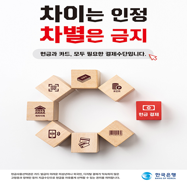 차이는 인정 차별은 금지
현금과 카드  모두 필요한 결제수단입니다.
상품권 포인트 BANK 계좌이체 현금 결제 CARD
현금사용선택권은 카드 발급이 어려운 미성년자나 외국인  디지털 결제가 익숙하지 않은 고령층과 장애인 등이 지급수단으로 현금을 자유롭게 선택할 수 있는 권리를 의미합니다.
한국은행 BANK OF KOREA