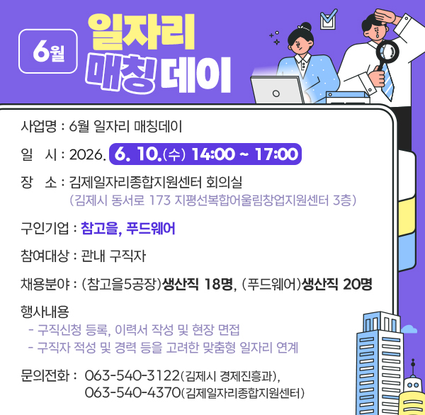 6월 일자리 매칭데이
사 업 명 : 6월 일자리 매칭데이
일 시 : 2026. 6. 10.(수) 14:00 ~ 17:00
장 소 : 김제일자리종합지원센터 회의실
(김제시 동서로 173 지평선복합어울림창업지원센터 3층)
구인기업 : 참고을  푸드웨어
참여대상 : 관내 구직자
채용분야 : (참고을5공장) 생산직 18명  (푸드웨어) 생산직 20명
행사내용
  - 구직신청 등록  이력서 작성 및 현장 면접
  - 구직자 적성 및 경력 등을 고려한 맞춤형 일자리 연계
 문의전화 : ☎063-540-3442(김제시 경제진흥과) 
☎063-540-4370(김제일자리종합지원센터)