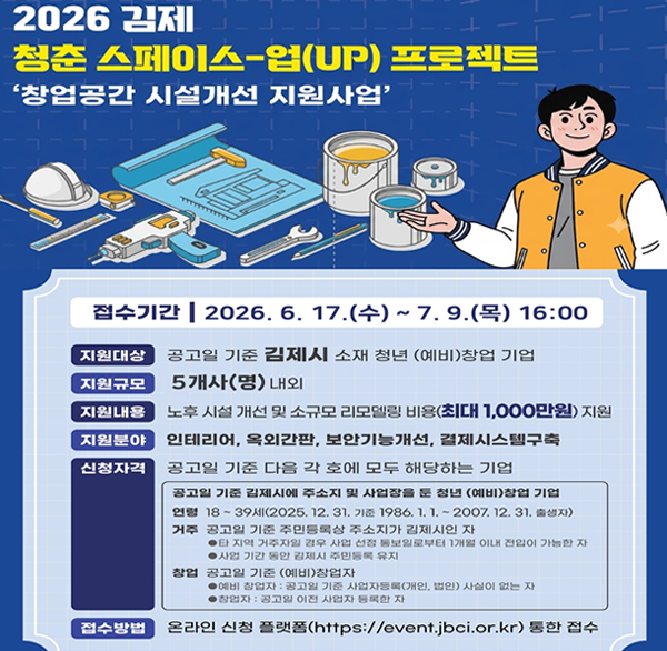 2026 김제 청춘 스페이스-업(UP) 프로젝트
'창업공간 시설개선 지원사업'
접수기간 | 2026. 6. 17.(수) ~ 7. 9.(목) 16:00
지원대상 공고일 기준 김제시 소재 청년 (예비)창업 기업
지원규모 5개사(명) 내외
지원내용 노후 시설 개선 및 소규모 리모델링 비용(최대 1 000만원) 지원
지원분야 인테리어  옥외간판  보안기능개선  결제시스템구축
신청자격
공고일 기준 다음 각 호에 모두 해당하는 기업
공고일 기준 김제시에 주소지 및 사업장을 둔 청년 (예비)창업 기업
연령 18~39세(2025. 12. 31. 기준 1986  1. 1.-2007.12.31. 출생자)
거주 공고일 기준 주민등록상 주소지가 김제시인 자
타 지역 거주자일 경우 사업 선정 통보일로부터 1개월 이내 전입이 가능한 자 ◆사업 기간 동안 김제시 주민등록 유지
창업 공고일 기준 (예비)창업자
예비 창업자 : 공고일 기준 사업자등록(개인  법인) 사실이 없는 자
창업자: 공고일 이전 사업자 등록한 자
접수방법 온라인 신청 플랫폼(https://event.jbci.or.kr) 통한 접수