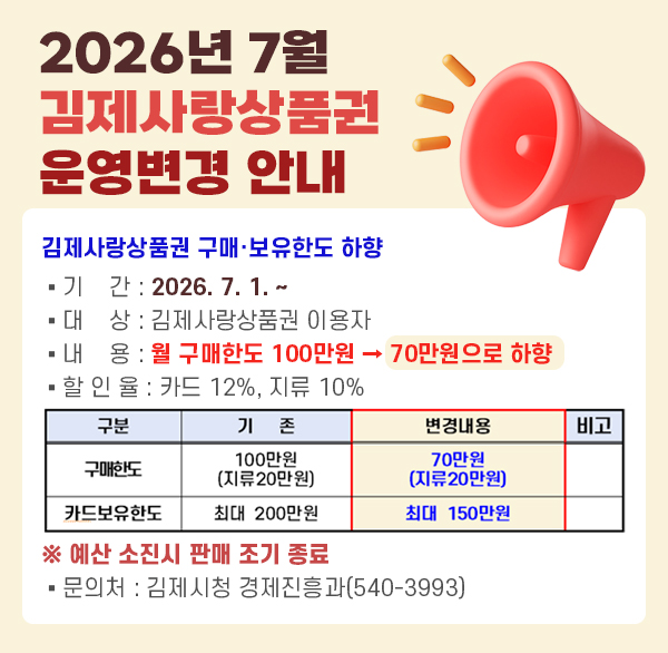 김제사랑상품권 구매·보유한도 하향 
  ▪ 기    간 : 2026. 7. 1. ~
  ▪ 대    상 : 김제사랑상품권 이용자
  ▪ 내    용 : 월 구매한도 100만원→70만원으로 하향
  ▪ 할 인 율 : 카드 12%  지류 10%

구분  기   존  변경내용  비고
구매한도
100만원
(지류20만원)
70만원
(지류20만원)
카 드 보 유 한 도
최대 200만원
최대 150만원
※ 예산 소진시 판매 조기 종료 
 ▪ 문의처 : 김제시청 경제진흥과(540-3993)