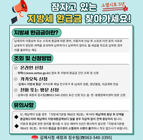 소멸시효 5년
잠자고 있는 지방세 환급금 찾아가세요!
지방세 환급금이란?
납세자의 이중납부 또는 소득세 환급에 따른 환부  자동차세 선납 후 소유권 이전 등의 사유로 납세자가 정당한 세액을 초과하여 납부하거나 납부하지 않아도 될 세금을 착오로 납부한 경우 이를 돌려주는 제도
조회 및 신청방법
온라인 신청
- 위택스(www.wetax.go.kr) 접속 후 지방세 환급금 간단 조회 및 신청
카카오톡 신청
'김제시 지방세 환급' 카카오톡 채널 친구추가 후 납세자 성함  생년월일  지급계좌 전송
전화 또는 방문 신청
- 김제시청 세정과 징수팀(☎063-540-3395) 유선 신청 또는 읍·면·동행정복지센터 방문 신청
유의사항
단  체납액이 있을 경우 「지방세기본법 제60조 제2항」에 따라 체납액에 충당 후 잔액을 환급해드리며 체납액이 지방세환급액보다 많을 경우 지급액 없이 전액 충당처리 됩니다. 지방세 환급에 관한 권리를 행사할 수 있는 때부터 5년간 행사하지 않으면 「지방세기본법
제64조 제1항」에 따라 환급금 청구권이 소멸되어 수령이 불가하니 착오 없으시기 바랍니다.
김제시청 세정과 징수팀(☎063-540-3395)