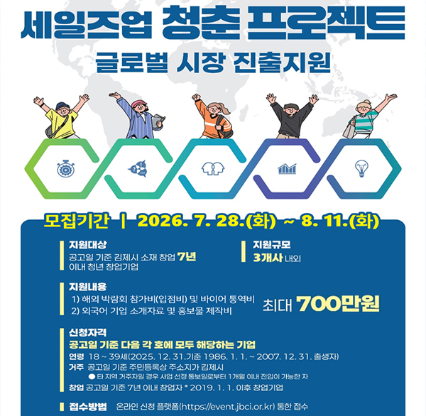 2026년 김제시 국내 박람회 지원사업

『세일즈-업(up) 청춘 프로젝트』

참여기업 모집

 

○ 사 업 명 : 2026년 김제시 청년창업기업 판로개척 지원사업 「2026년 김제시 세일즈-업(up) 청춘 프로젝트」

○ 신청기간 : 사업비 소진시까지 상시접수(선착순 모집 마감)

○ 사업대상 : 창업 7년 이내* 관내 소재 청년 창업기업

* 2019. 1. 1. 이후 창업 기업

** 「김제시 청년 기본 조례」에 근거 18세 이상~39세 이하(‘25.12.31.기준  1986.1.1.~2007.12.31.)

*** 공고일 기준 대표자의 주민등록 및 사업장 소재지가 김제시에 있는 자(다만  타 지역 거주자의 경우 사업 선정 통보일로부터 1개월 이내 김제시 전입이 가능한 자에 한함)

○ 사업규모 : 3개사 내외

○ 사업내용 : 국외 박람회 참가비 지원(입점비의 70%  최대 700만원)  마케팅 홍보 교육

○ 신청방법 : 전북창조경제혁신센터 온라인

플랫폼(https://event.jbci.or.kr)접수

○ 문 의 처 : 전북창조경제혁신센터 기술창업팀 (☎063-220-8925)

김제시 성장전략실 청년정책팀(☎ 063-540-2935)