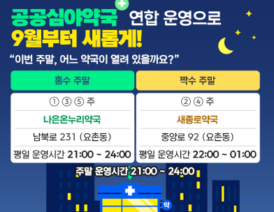 공공심야약국 연합 운영으로 9월부터 새롭게!
이번 주말  어느 약국이 열려 있을까요?
홀수 주말 ① ③ ⑤ 주 나은온누리약국 남북로 231 (요촌동) 평일 운영시간 21:00 ~ 24:00
짝수 주말 ② ④ 주 새종로약국 중앙로 92 (요촌동) 평일 운영시간 22:00 ~ 01:00
주말 운영시간 21:00 ~ 24:00