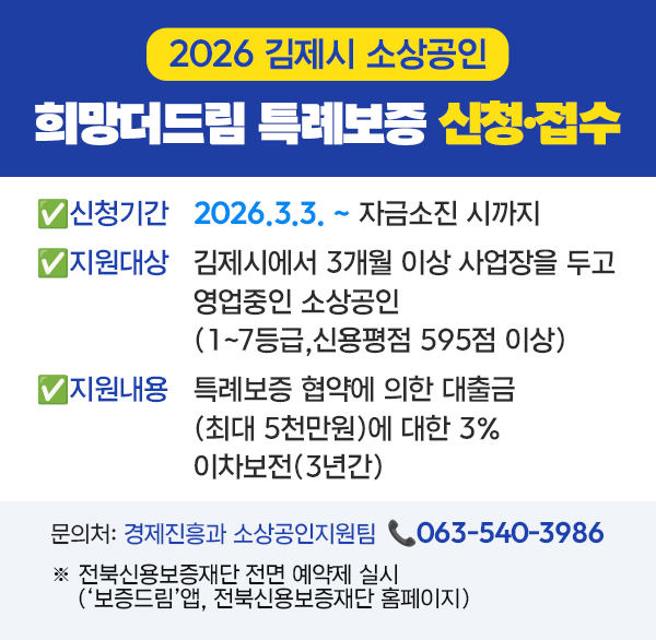 2026년 김제시 소상공인 희망더드림 특례보증 신청 ‧ 접수
○ 신청기간 : 2026 3. 3. ~ 자금소진 시까지

○ 지원대상 : 김제시에서 3개월 이상 사업장을 두고 영업중인 소상공인
(1~7등급 신용평점 595점 이상)

○ 지원내용 : 특례보증 협약에 의한 대출금(최대 5천만원)에 대한 3%
이차보전(3년간)

○ 문 의 처 : 경제진흥과 소상공인지원팀(☏ 063-540-3986)

※ 전북신용보증재단 전면 예약제 실시(‘보증드림’앱  전북신용보증재단 홈페이지)