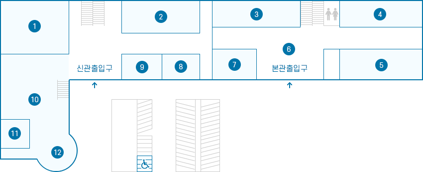 김제시청 1층(왼쪽 신관, 오른쪽 본관) 배치도이며 왼쪽 상단부터 시계방향 순서로 자세한 내용이 표시됩니다.